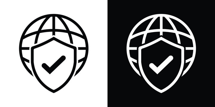 Professional icon showing a globe behind a shield with a checkmark. Represents verified security, successful global protection, and trusted international safety.