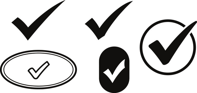 Collection of black and white check mark icons and symbols representing approval completion and positive confirmation
