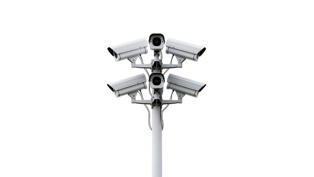 Multiple security cameras mounted on a tall white metal pole