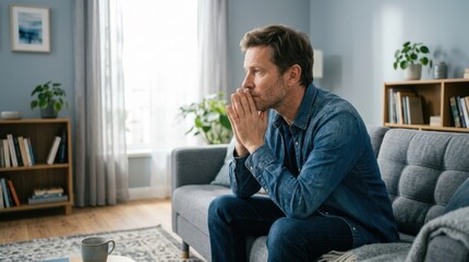 Fototapeta premium Man sitting on sofa with hands clasped in front of face, deep in thought