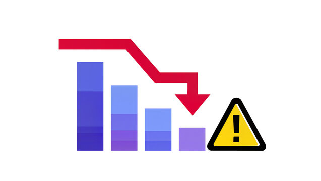 Decreasing Purple Bar Graph with Red Arrow and Warning Sign