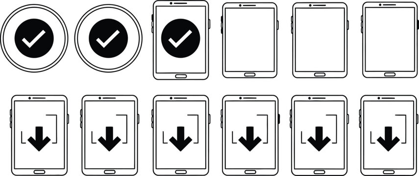 Black and white line art depicting mobile phone interface evolution and download indicators