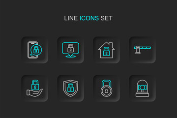 Fototapeta premium Set line Ringing alarm bell, Lock, Shield security with lock, Parking car barrier, House under protection, and Mobile closed padlock icon. Vector