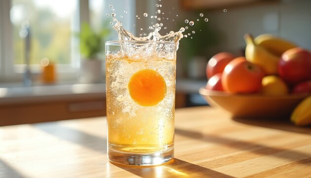Orange effervescent tablet dissolves in water splash with bubbles. Refreshing drink on kitchen counter with fruit. Healthy morning lifestyle.