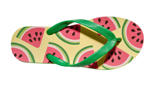 Yellow flip-flops with watermelon pattern and bright green straps