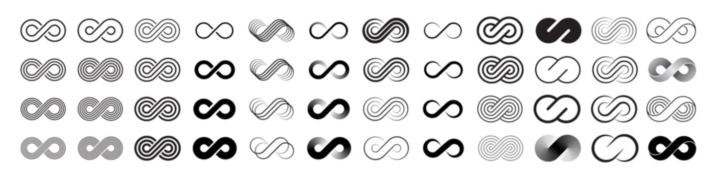 Infinity icon set. Infinity, eternity, infinite, endless, loop symbols. Unlimited infinity icons collection in flat and outline style. Stock vector illustrations
