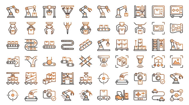 Industrial Robotics and Logistics Icon Set in Gradient Line Style. A collection of automation linear icons including robotic arm, conveyor belt, packaging, warehouse, forklift, and more. Vector art.