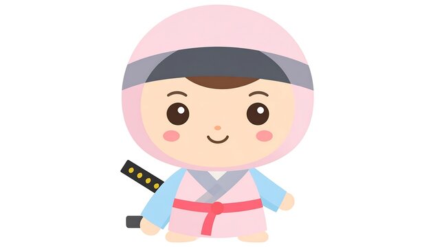 A cartoon character, designed in a kawaii style, stands against a white background. It wears a ninja outfit, complete with a sword on their back