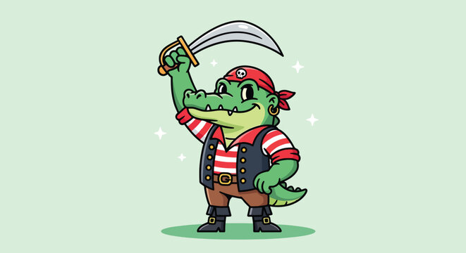 Cute Alligator Pirate with Sword Cartoon Illustration.