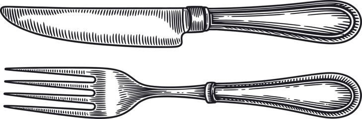 Naklejka premium Antique silverware set featuring knife and fork for dining and culinary use.