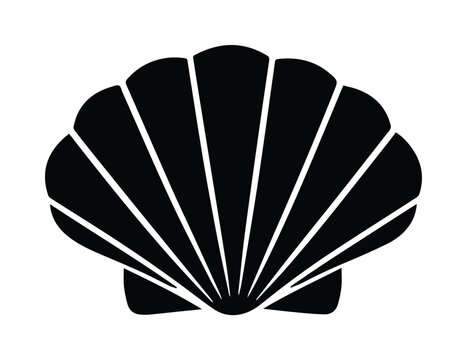 Minimalist seashell vector icon, black scallop shell silhouette, nautical marine life symbol, simple beach and ocean themed graphic element