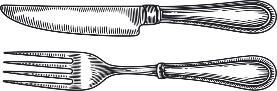 Antique silverware set featuring knife and fork for dining and culinary use.