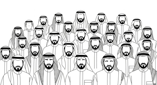 Group of Arab men in traditional attire, looking forward.