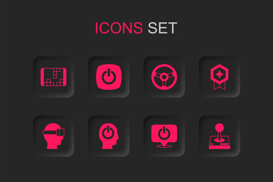 Set Power button, Portable video game console, Game rating with medal, Joystick for arcade machine, Racing simulator and Virtual reality glasses icon. Vector