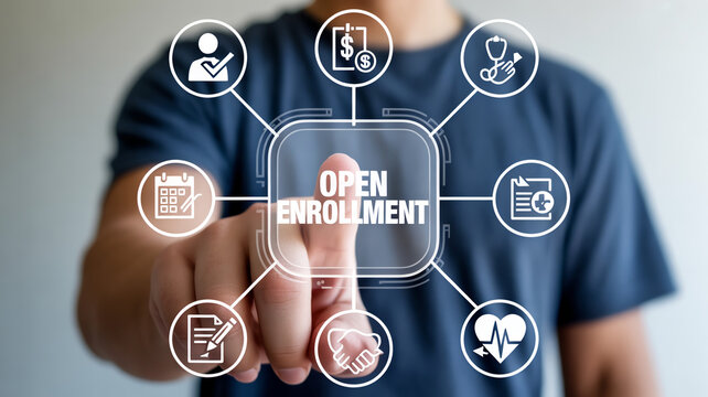 A person interacts with a futuristic digital interface displaying open enrollment information surrounded by icons representing health benefits finance