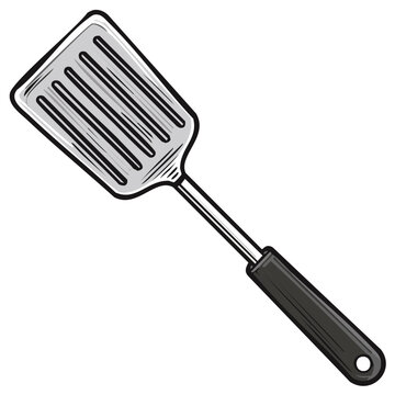 Spatula Kitchen Tool for Cooking and Baking. Kitchenware utensil for flipping food. Illustration of a metal spatula with black handle.
