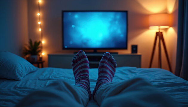 Feet in striped socks rest on bed watching TV at night. Cozy bedroom interior with warm lamp light and string lights. Entertainment, relaxation, domestic comfort and chill.