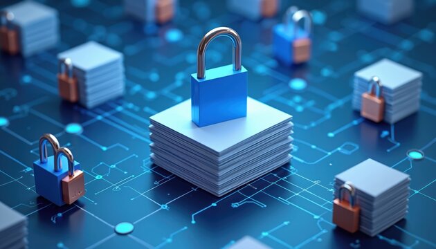 Digital locks secure data stacks on circuit board grid. Cyber security, data protection, access control. Network safety, privacy, digital asset management, secure data storage.
