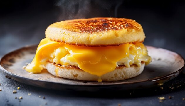 sizzling egg and cheese sandwich on toasted english muffin sandwich morning meal sandwich