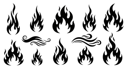 Naklejka premium Collection of minimalist black fire flame silhouettes and decorative wind swirl icons isolated on a white background for design