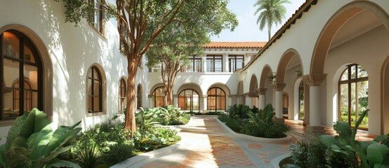 Fototapeta premium Sunny courtyard with greenery and arches