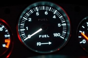 Fototapeta premium A close up of an analog fuel gauge in a dark cockpit, the white needle resting completely below the zero mark.