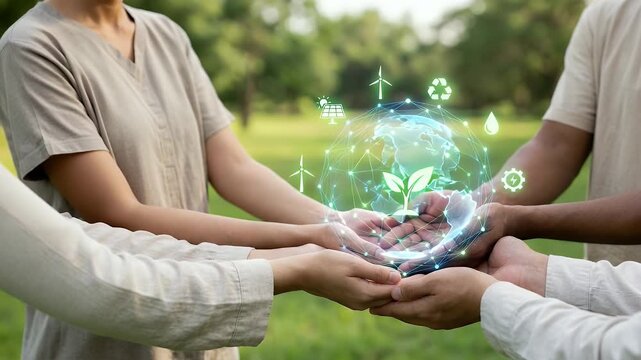 Hands gently unite around a glowing globe, symbolizing sustainable energy and environmental care, with a slow, cinematic pan capturing the serene landscape and ambient nature sounds.