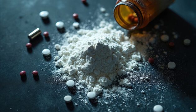 Pile of white powder drug with pills scattered around a spilled bottle on dark background. Illegal substance, addiction, health risk and crime concept.
