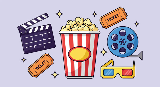 Movie Night Essentials Popcorn Film Reel Clapperboard Tickets and 3D Glasses.