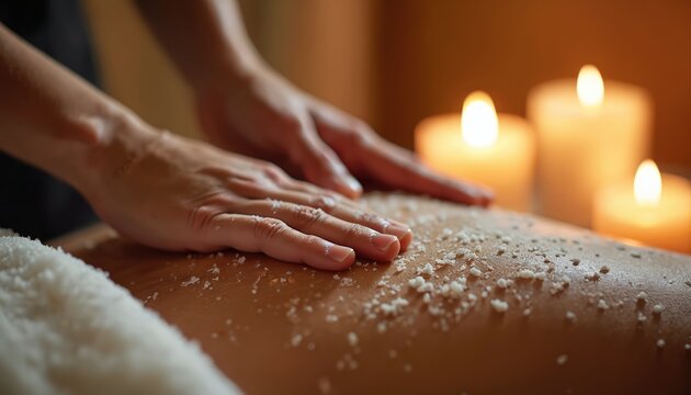 Hands apply salt scrub on person back. Candles glow creating warm, calming spa atmosphere. Skin gets exfoliation for relaxation and body care.