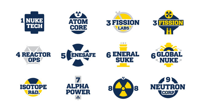 Collection of bold, modern vector emblems and logos featuring atomic energy, nuclear power, and scientific research themes with clean lines, geometric shapes, and a striking navy