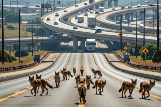A pack of coyotes roaming freely through the empty lanes of a massive, multi level freeway interchange.