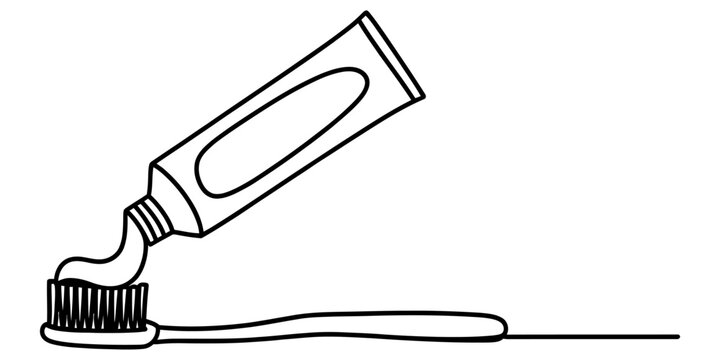 A simple black and white line drawing of a tube of toothpaste being squeezed onto a toothbrush. Vector, illustration