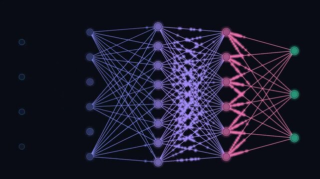 Neural network visualization with glowing nodes, artificial intelligence deep learning model, purple and pink digital data architecture isolated PNG with Transparent Background