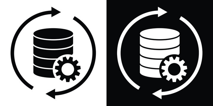 Icon of a database cylinder with a gear and circular arrows. Represents data automation, continuous integration, database migration, information processing, and system updates.
