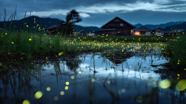 A night view of glowing fireflies flitting about in a rural rice paddy.