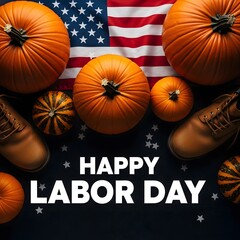 Happy labor day with pumpkins and american flag festive autumn greeting