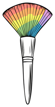 Cartoon illustration of a makeup brush with rainbow colored bristles against a clean background.