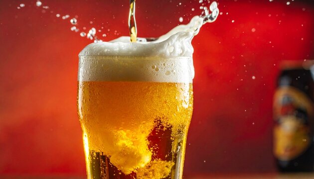 Beer Splash. Sparkling beer pour with creamy foam and an energetic splash against a vivid red backdrop.