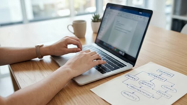 A professional working on a laptop in a modern office setting, featuring a steady camera pan across the workspace, emphasizing productivity, strategy development, and content creation in a realistic s