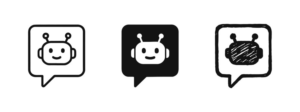 Chatbot speech bubble icon set: AI assistant, virtual helper, and conversational technology