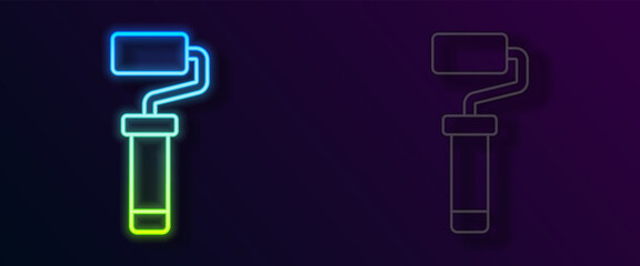 Naklejka premium Glowing neon line Paint roller brush icon isolated on black background. Vector
