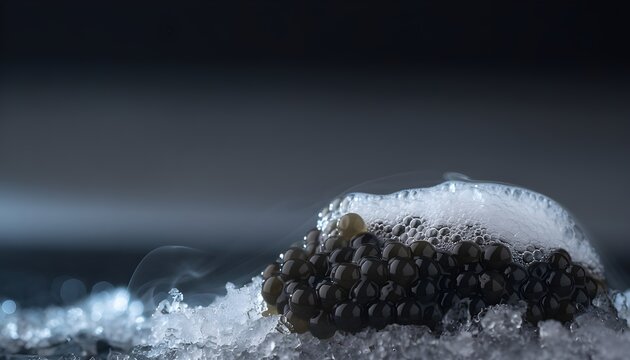 Gourmet Molecular Foam and Black Caviar Spheres on Smoked Ice Template
