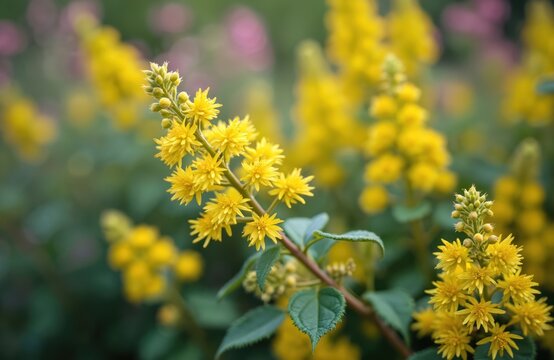Yellow flowering shrub, Bupleurum fruticosum, grows in a garden. Small yellow flowers bloom in clusters on green stems and leaves. Nature plant detail.