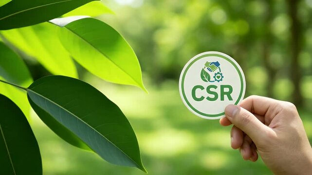 Capture a hand holding a CSR symbol in a lush green environment, with gentle ambient motion of leaves swaying and a slow pan to emphasize sustainability and corporate responsibility in a cinematic sty