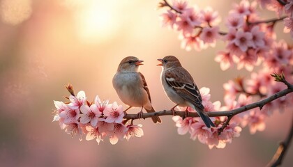 Fototapeta premium Two sparrows perch on a blossoming cherry tree branch. Pink flowers bloom and small leaves sprout. Warm sunlight filters through soft focus background.
