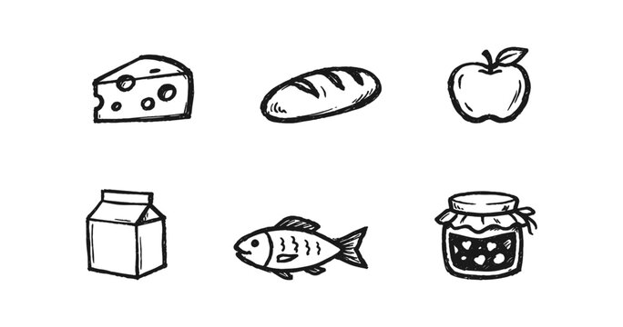 Hand-drawn icons of common food items like cheese, bread, apple, milk, fish, and jam. Vector