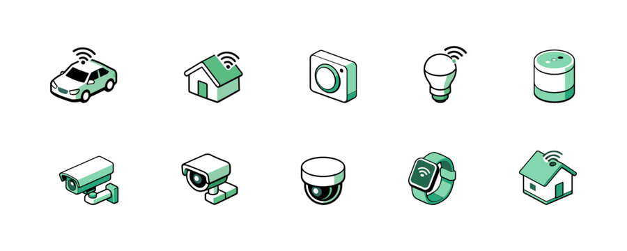 Collection of isometric icons representing smart home and connected devices. Vector
