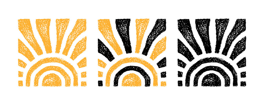 Hand drawn sun, summer doodle icon. Sunrise square pattern, crayon background. Vector handdrawn illustration with chalk texture, abstract weather poster, black and yellow isolated sketches. Summer bg