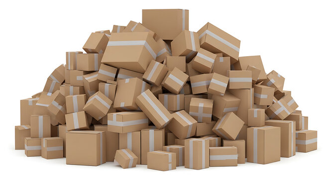 Large pile of brown cardboard delivery boxes stacked on white background